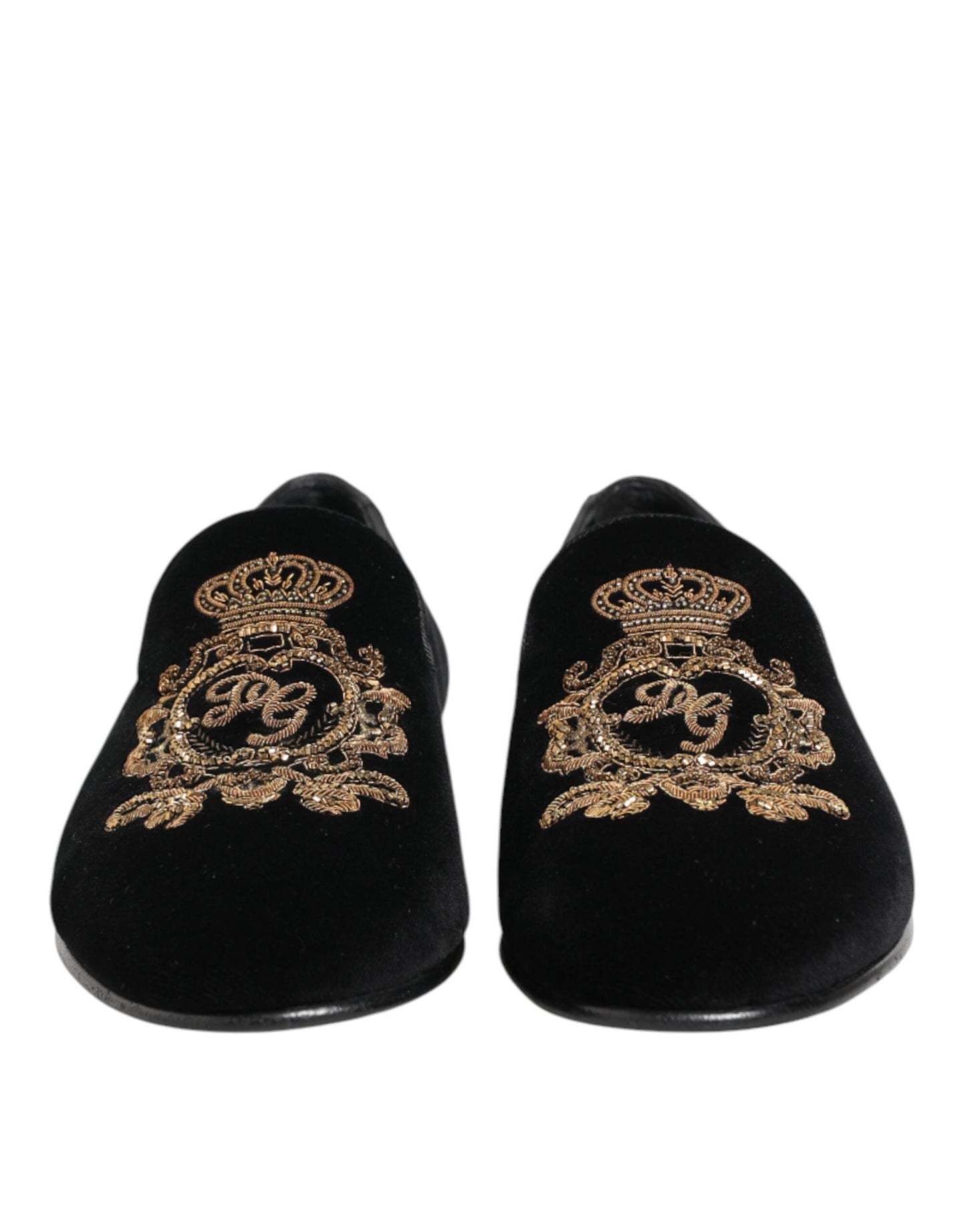 Dolce & Gabbana Black Velvet Gold Crown Mens Loafers Shoes