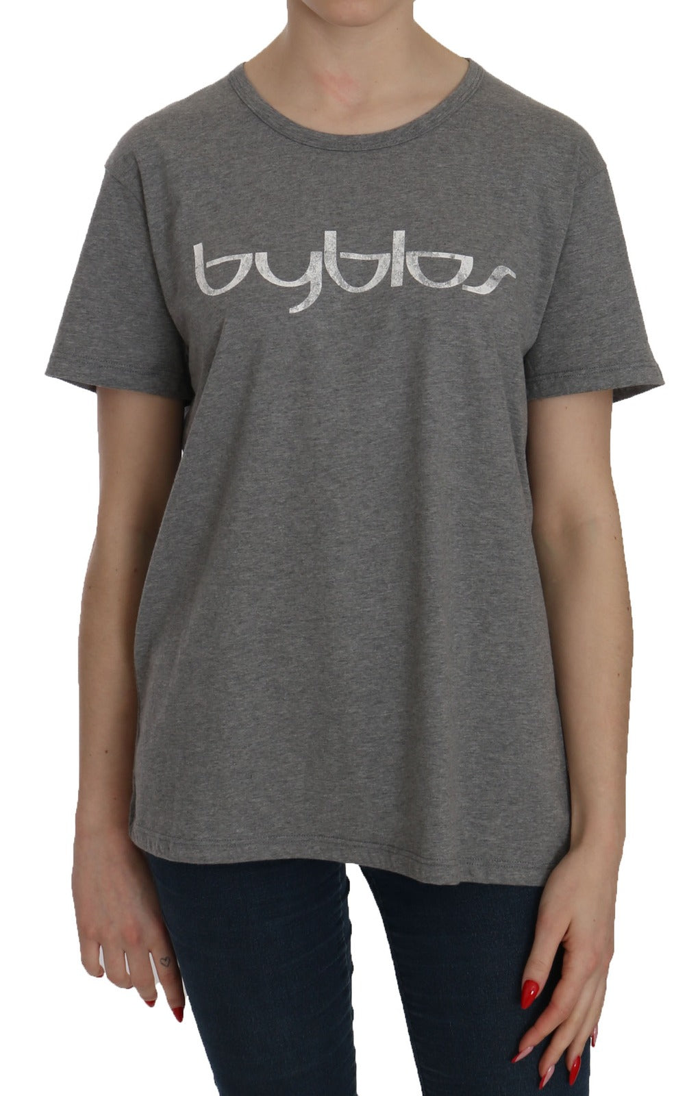 BYBLOS Cotton Grey Short Sleeve Round Neck Top T-shirt Blouse
